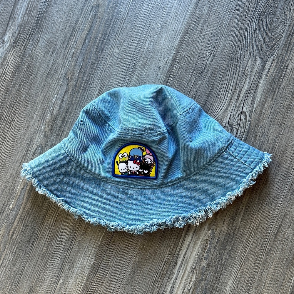 Blue Denim Bucket Hat with Cartoon Patch Hello Kitty